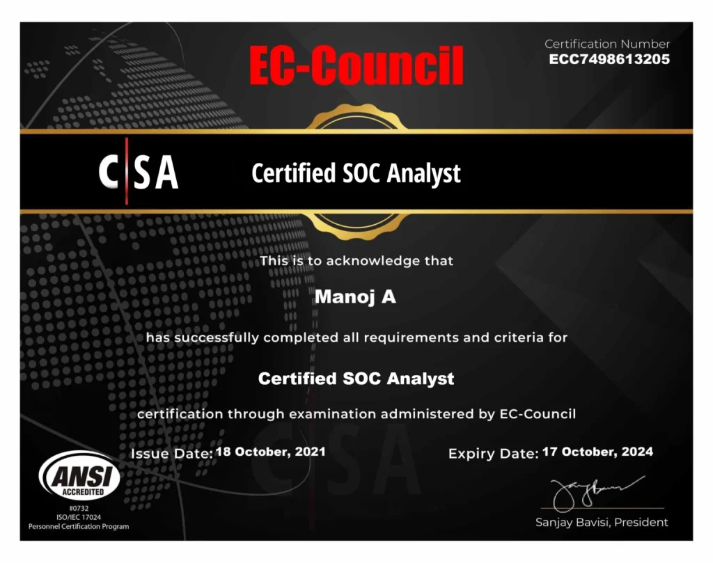 soc training certificate in bangalore